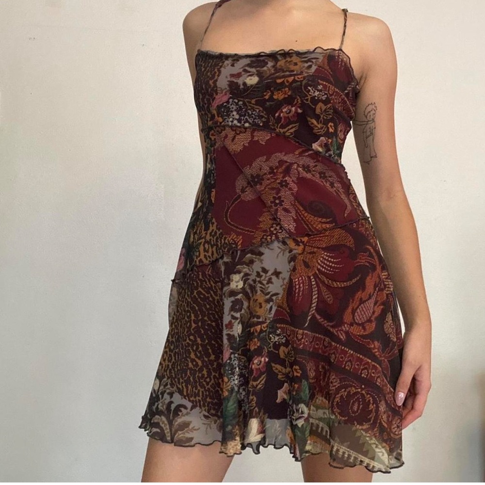 Urban Outfitters Patchwork Mini Dress - Burgundy and Brown